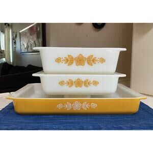 Vtg Pyrex Butterfly Gold 3 pc Bakeware Set 933 Lasagna 913 Loaf 922 Brownie Pan